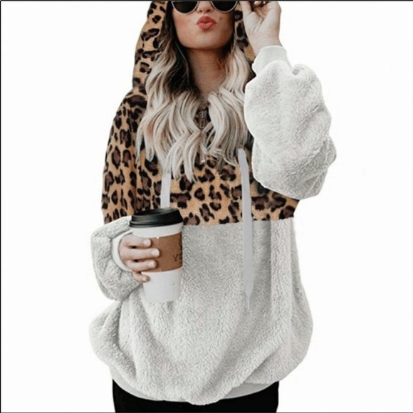 T&J Designs Tops - New Leopard Animal Print and White Super Soft Cozy Zip Pocket Hoodie Sweatshirt